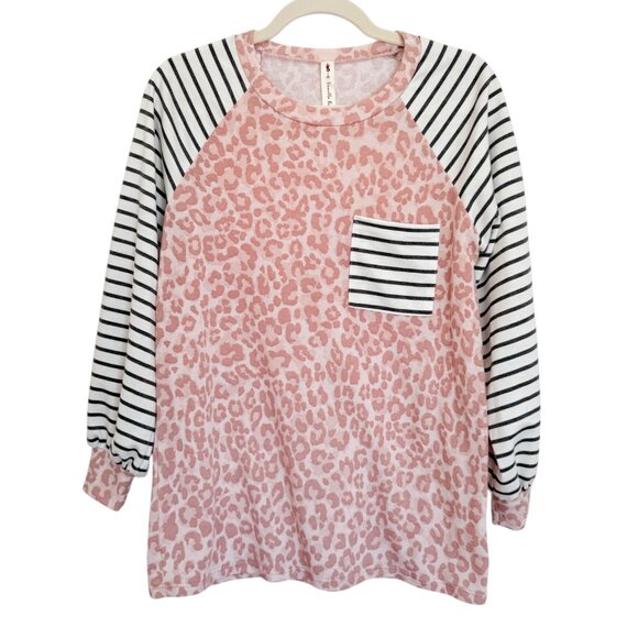Vanilla Bay Pink Leopard Print Gray and White Stripes Womens Longsleeve Sz Small - Picture 1 of 10
